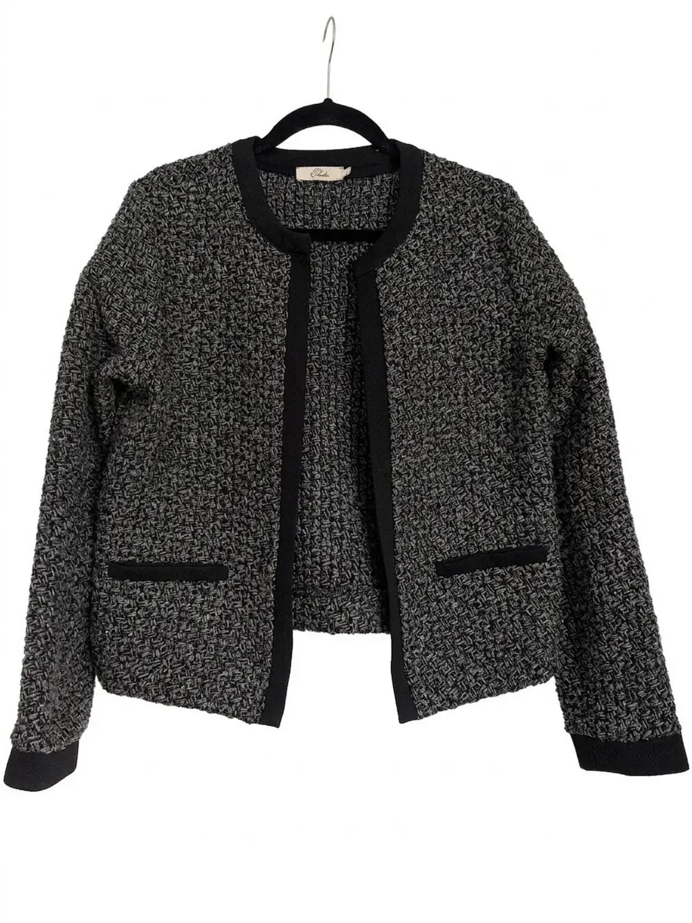 Elodie Womens Black Grey Metallic Tweed Open Front Cropped Jacket Size L